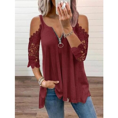 Womens Top Lace Hollow Out Zipper T-Shirt Short Sleeved V-Neck Top Female Clothing 2021 Summer Plus Size Top Haut Femme été