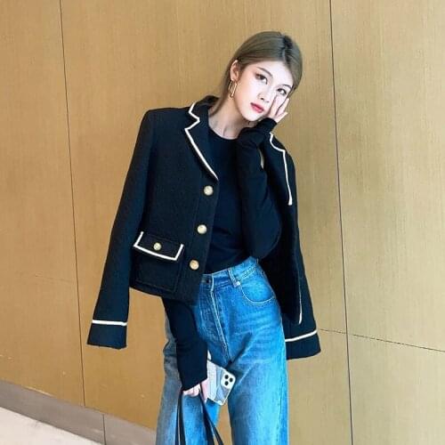 Womens Autumn New Classic Black Tweed Short Suit Lapel Jacket Ladies OL Blazer