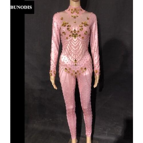 ZD225 Women Sexy Pink Color Jumpsuit Big Glass Sparkling Crystals Bodysuit Nightclub Party Stage Wear Performance Bling Costumes