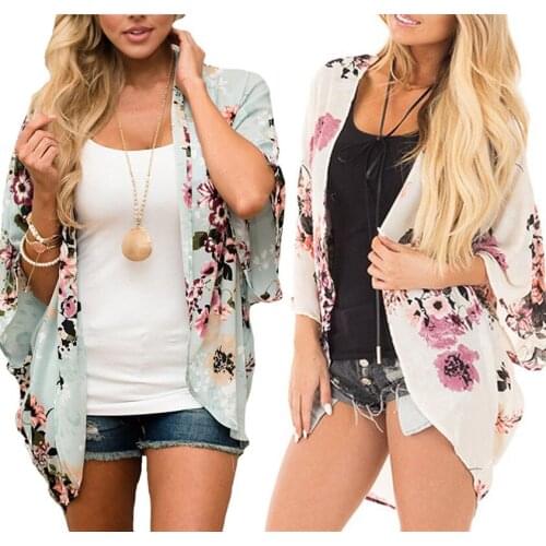 Summer new fashion Women Floral Print Chiffon Loose Shawl Kimono Cardigan Top Cover up Coat casual female flower loose coats