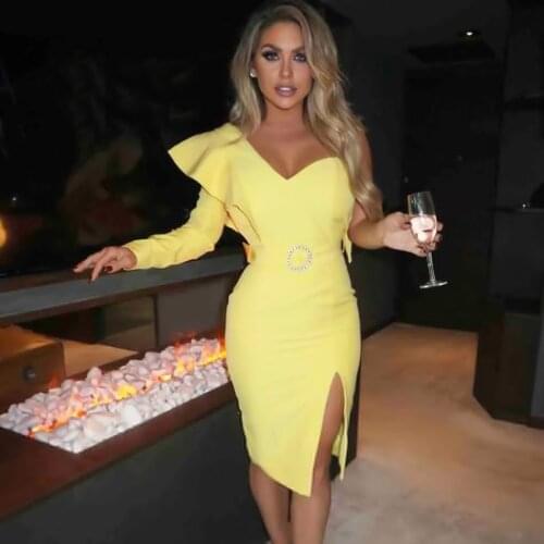 Free Shipping Sexy Yellow Bandage Dress 2021 New Women One Shoulder Long Sleeve Ruffled Belt Bodycon Dress Club Party Vestidos