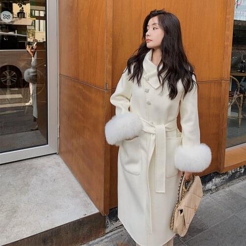 Ladies Winter Long Coat With Real Fox Fur Cuffs Thickening Real wool Tender White Jacket Outerwear Womens Streetwear