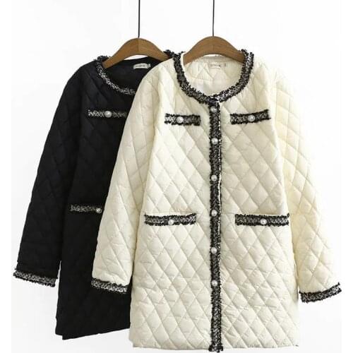 Womans Sweet O Neck Pearl Button Tassel Splicing Down Cotton Coat Ultra Light Long Outwear Ladies Solid Slim Warm Winter Coat