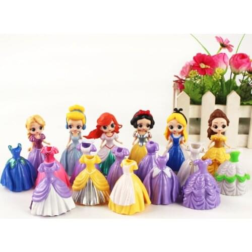 18pcs/set 5-8.5cm Disney Princess Alice Snow White Belle Cinderella Tangled Mermaid Ariel Dress Changeable Figure Toys