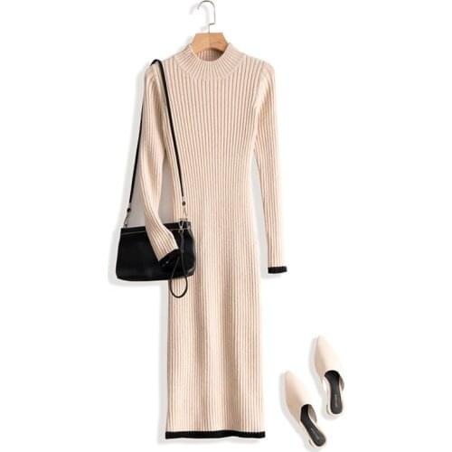 2020 New Dress Women Sale Plus Size Cashmere Knit Long Section Thick Stripes Slim High Quality Tight Bag Hip Winter Woman