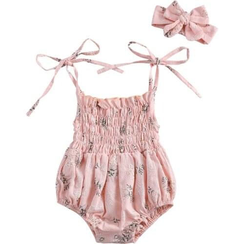 Girls Ruffle Bodysuit Summer Outfits Floral Printed Tied Spaghetti Strap Bodysuit + Bowknot Headband for Toddler Girls Costume