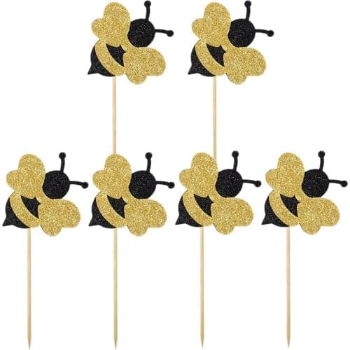 Paper Cake Toppers Shiny Bee Cupcake Toppers Honeybee Fruit Picks Dessert Decorative Supplies for Kid Birthday Party Decor A30
