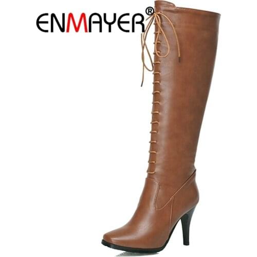 ENMAYER Genuine Leather Women Fashion Over The Knee Boots Sexy Pointed Toe Ladies Lace Up 2020 Hot Sales High Heel Boots CR672