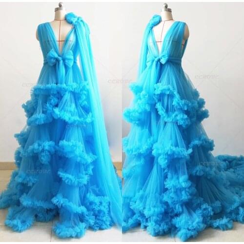 Ruffle Tulle Puffy Bridal Robes Illusion Perspective Sheer Dressing Gown Sleepwear Wedding Women Pregnancy Photoshoot Dress