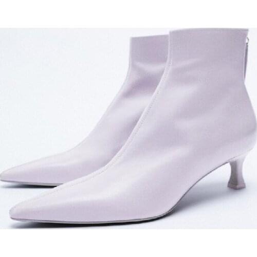Purple Heeled Leather Ankle Boots Pointed Toe Zip Women Boots 2021 Winter Women Shoes Leather Women Boots