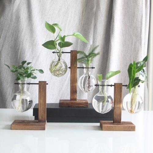 Terrarium Hydroponic Plant Vases Vintage Flower Pot Transparent Vase Wooden Frame Glass Tabletop Plants Home Bonsai Decor