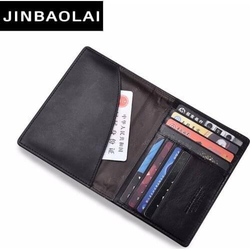 JINBAOLAI Genuine Leather Passport Cover ID Business Card Holder Travel Credit Wallet For Men Purse Case