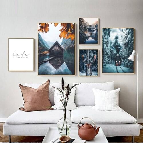 Mountain Lake Waterfall Picture Scandinavian Nordic Posters And Prints Nature Scenery Wall Art Canvas Painting For Room Decor