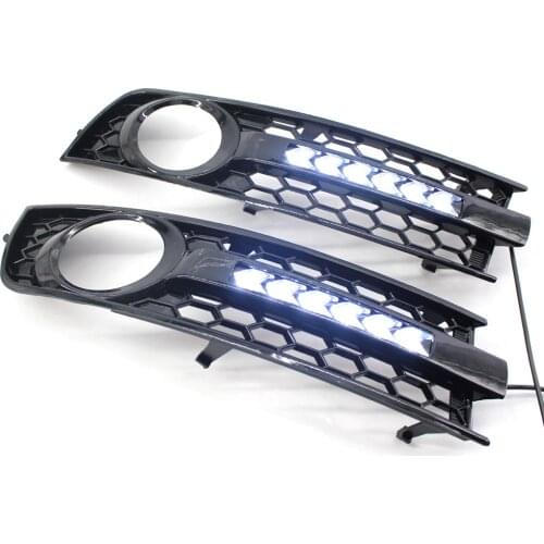 Left Right Honeycomb Front Bumper Lower Fog Light Lamp Grille Grill w/ DRL For Audi A4 B6 01-05 Only For Standard Bumpers