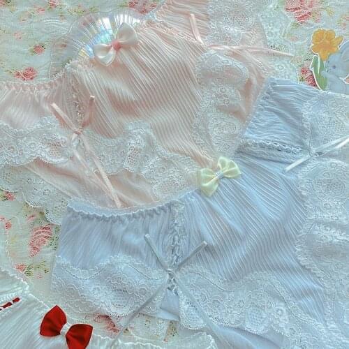Girls Japanese cute French ribbon panties bow sexy lace briefs cotton crotch milk silk