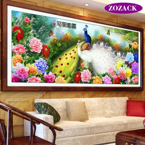 Zozack,Needlework,DIY DMC Cross stitch,Sets For Embroidery kit Peacock peony flowers figure printing Counted Cross-Stitch decor