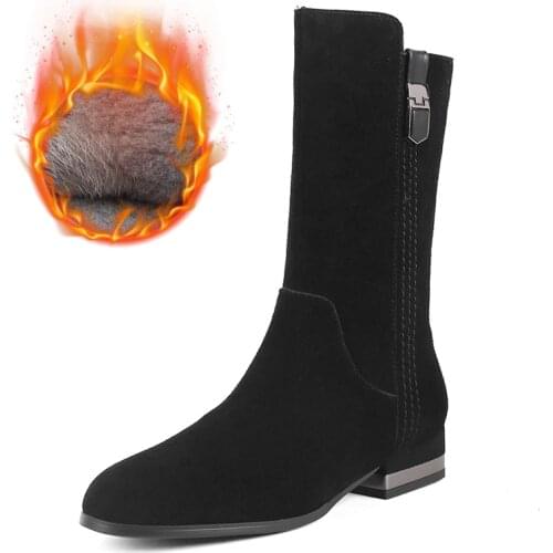 Autumn Winter Modern Boots Mid-Calf Elegant Boot Short Plush Warm Wool Black Women Low Heels Female Shoes Lady Footwear A4