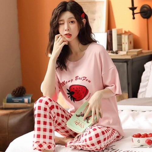 Pajamas Womens Suit Summer Short-sleeved Trousers Cotton Student 2 piece Sleeved Plaid Pants Home Service Sleepwear women set