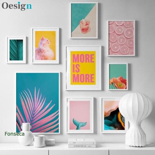 Nordic tropical plants posters palm leaf flower orange cat wall art canvas painting colorful frames for living room home decor