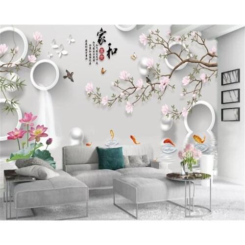 Custom 3d Flower Wallpaper Pink Magnolia Auspicious Goldfish House and Wealthy Figure Customized Beautiful Silk Wallpaper