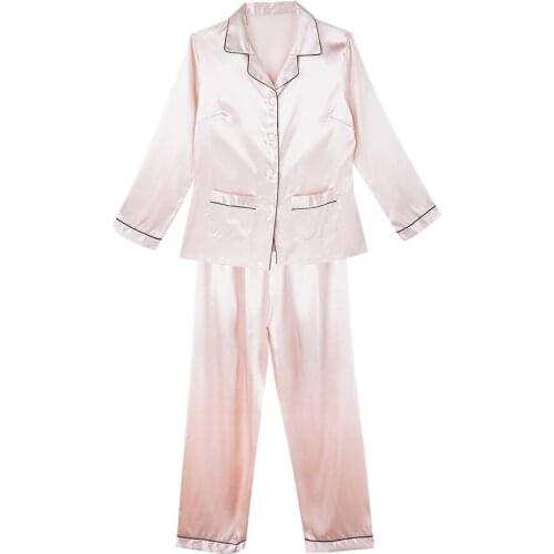 Sexy 2 Pcs Womens Pajama Sets Satin Ladies Long Sleeves Turn-down Collar Pocket Decor Top Pants Women Silk Pajamas