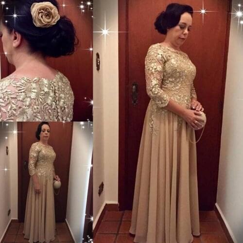 Modest Champagne Mother of the Bride Dresses Three Quarter Long Sleeves Lace Applique Chiffon vestido de madrinha
