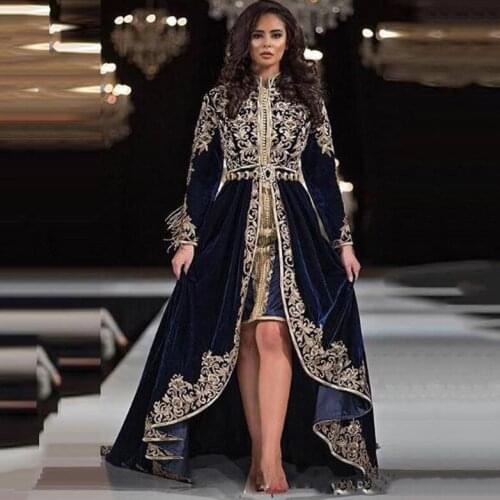 Navy Blue Velour Lace Moroccan Caftan Dress Long Sleeve Islamic Dubai Saudi Arabic Formal Evening Dress Abaya Prom Dress