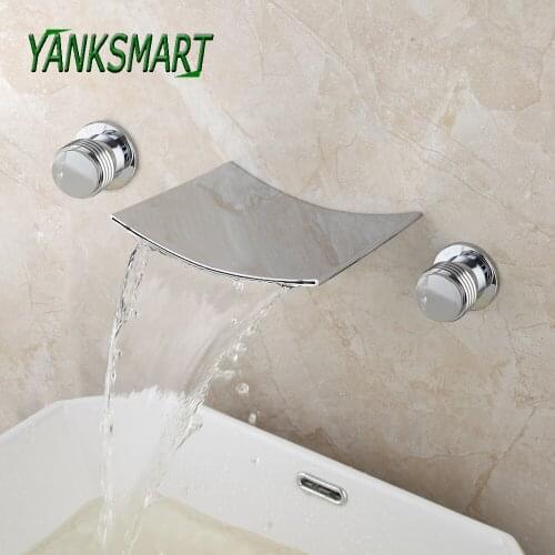 YANKSMART Waterfall Basin Sink Bathroom Faucet Dual Handles Widespread 3 Pcs Bathtub Faucets Wall Mount Hot And Cold Mixer Tap