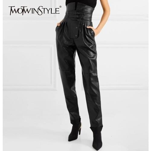 TWOTWINSTYLE PU Leather High Street Style Womens Pants High Waist Ruched Asymmetrical Trousers Female Fashion Clothing 2020 New