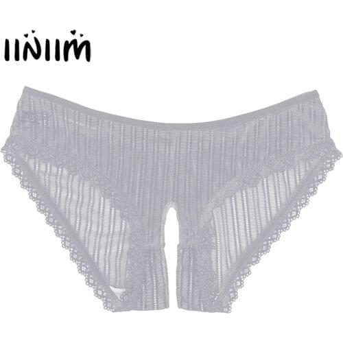 Womens Mens Sexy Panties Low Waist Crotchless Striped Briefs Breathable Strappy Elastic Waistband Panties See-through Underwear