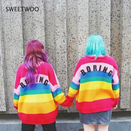 2021 Autumn Harajuku Cardigan Women Striped Rainbow Sweater Coat Female Loose Sweaters Letter Embroidery Jumper Cardigans
