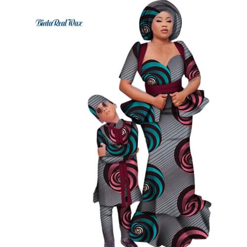Family African Clothes Ankara Print Long Dresses for Women with Headscarf Mom and Son Clothes Dashiki African Clothing WYQ529