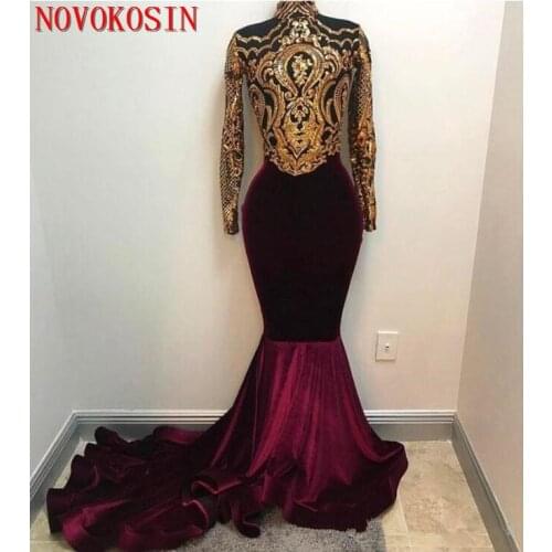 New Design Sexy Burgundy Prom Dresses with Gold Lace Appliqued Rings Mermaid Front Split for 2019 Long Party Evening Wear Gown