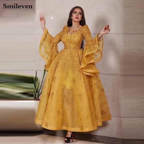 Smileven Lace Beaded Arabic Caftan Evening Dresses 2019 Sexy V Neck Prom Dresses Ball Gown Long Flare Sleeves Formal Party Gowns