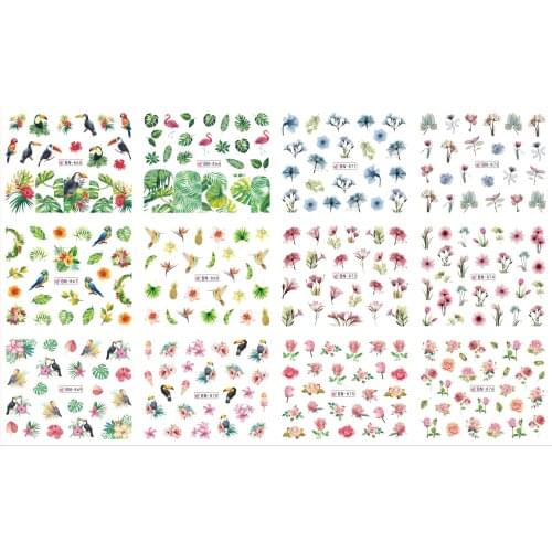 12 Sheets/Lot Nail BN865-876 Floral Green Flower Parrot Flamingo Nail Art Water Decals Stickers Wrap Tip Decoration