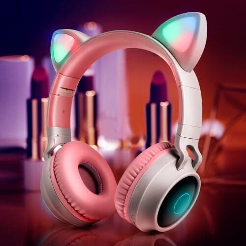 Cat Ear Bluetooth 5.0 Headset Wireless LED Light Mobile Phones Headphone Stereo Music Headphones Girl Daughter Headset for PC
