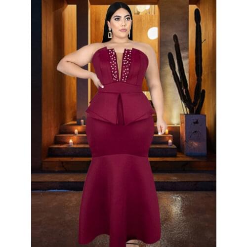 Burgundy Tube Top Long Dresses Plus Size Sexy Bodycon Mermaid Off Shoulder Evening Birthday Party Prom Dress with Beading New