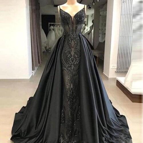 Black Lace Mermaid Prom Dresses Long Over skirts Sexy Spaghetti Straps Formal Party Evening Gowns With Detchable Train
