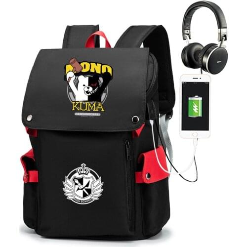 Danganronpa Monokuma Women School Backpacks USB School Bags for Teenagers Bear Boys Girls Large Capacity Travel Mochila Men Bags