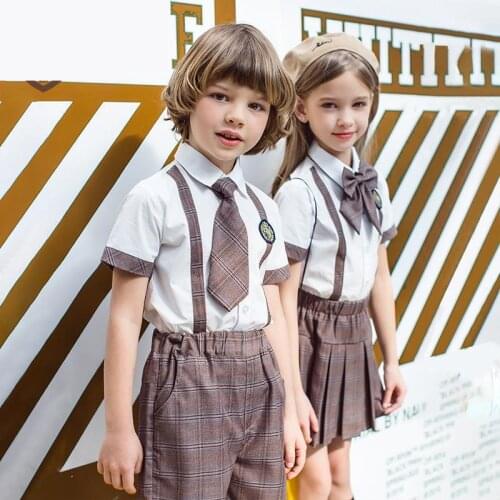 Children School Uniforms Girls Boys Korean Japanese Class Clothes Set Short Sleeve Shirt Plaid Skirt Kids Stage Performance Wear