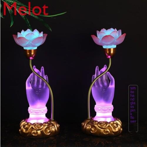 Buddha Worship Colorful Lotus Lamp Ancient Glaze Lamp Buddha Hand Lotus Lamp Led Long Lamp Flower Worship Items for Buddha Hall