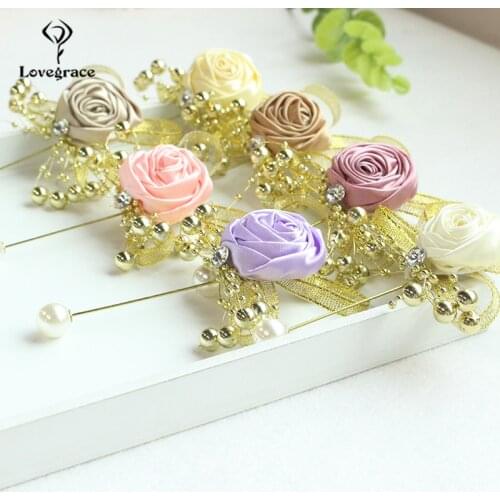 Lovegrace Boutonniere Groom Brooch Pins Corsage Silk Rose Fake Pearls Boutonniere Wedding Planner Brooch Party Meeting Supplies