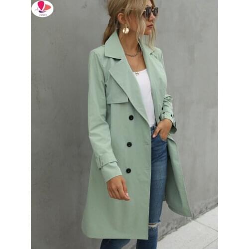 Fashion Women Casual Solid Color Coat Adults Autumn Elagant Fashion Long Sleeve Lapel NeckDouble Breasted Belted Trench Coat