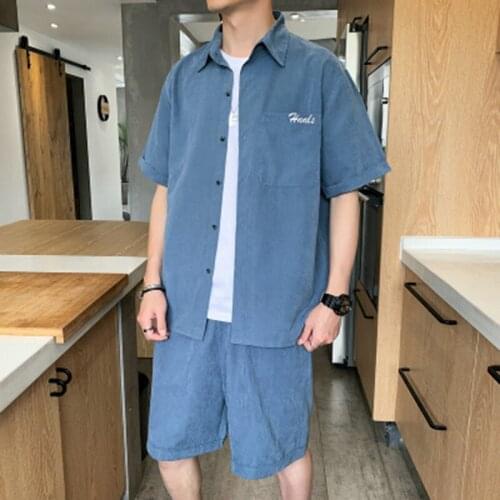 Summer Korean Style Solid Color Mens Set Clothing Teen Trend Harajuk Short Sleeve Shirt+Knee-Length Pants Two-piece Suit