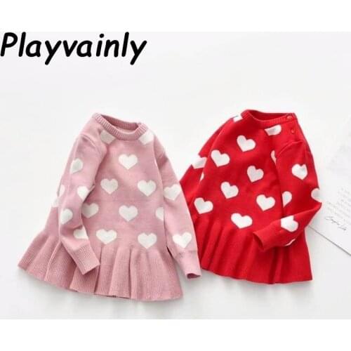 2020 Autumn Girls Sweater Dress Love Heart Knitted Cotton Wool Long Sleeve Kids Dresses for Girls Toddler Fall Clothes WL008