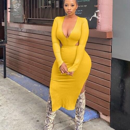 Autumn Winter Long Sleeve Bodycon Midi Dress Women Clubwear Party Side High Split Cut Out Elegant Birthday Dresses for Women