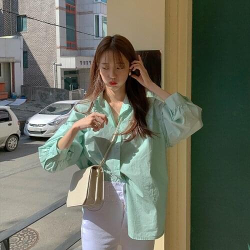 RUGOD 2021 spring all-match mint green single-breasted thin shoulder long-sleeved shirt