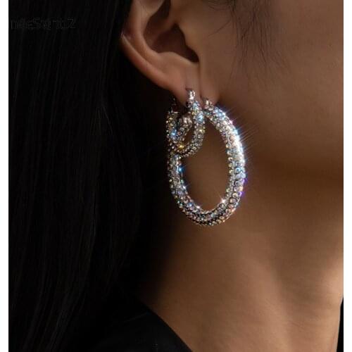 IngeSight.Z Steampunk Shiny Full Iced Out Rhinestone Crystal Hoop Earrings Luxury Bling Basketball Loop Earrings Women Jewelry