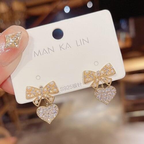 YAOLOGE 2021 New Gold Color Bowknot Heart Drop Earrings Cute Alloy Ear Accessories Gift For Women Fashion Party Jewelry Brincos