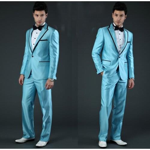 Stylish Shinny Tuxedos 2020 Tailored Blue/Yellow/Pink Groom Wedding Suits Mens Show Suits Topic Party Wear (Jacket+Pants+Bow)